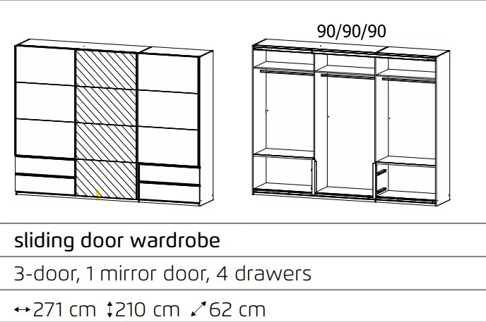 Elara 3 door Sliding door wardrobe Glass with Drawers - Image 3