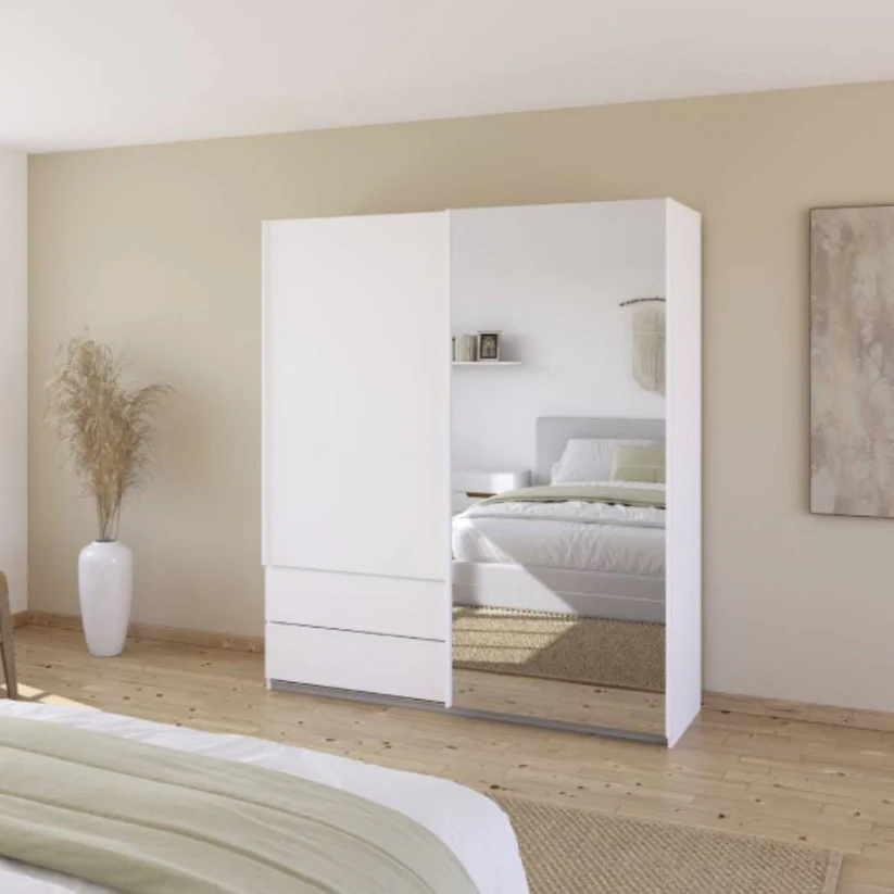 Elara 2 door Sliding Door wardrobe Mirror with Drawers - Image 5
